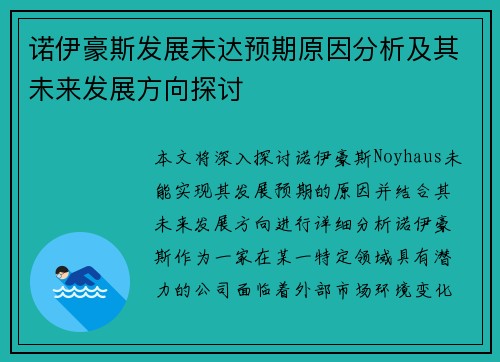 诺伊豪斯发展未达预期原因分析及其未来发展方向探讨 诺伊豪斯发展未达预期原因分析及其未来发展方向探讨
